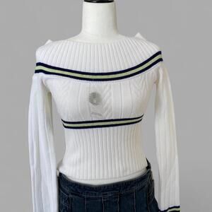 vintage white off the shoulder ribbed sweater with black and green stripes! 🤍